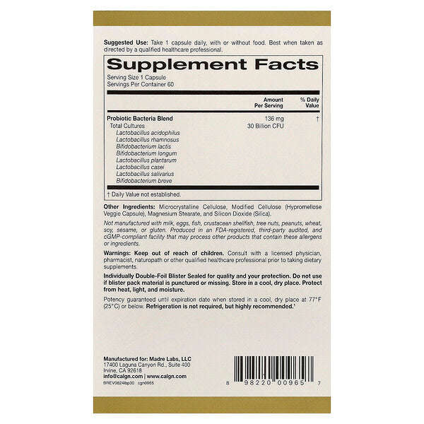California Gold Nutrition Lactobif 30 Probiotiklər 30 Milyard CFU 60 Veqetarian Kapsul YoxYox