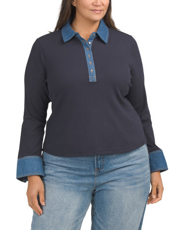 TRUTH Plus Ribbed Polo Top Denim Kənarı ilə