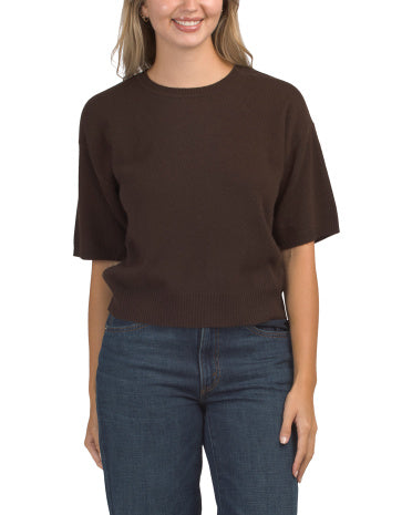 Cashmere Dirsək Qollu Crew Neck Sviter Ribbed Kənarı ilə