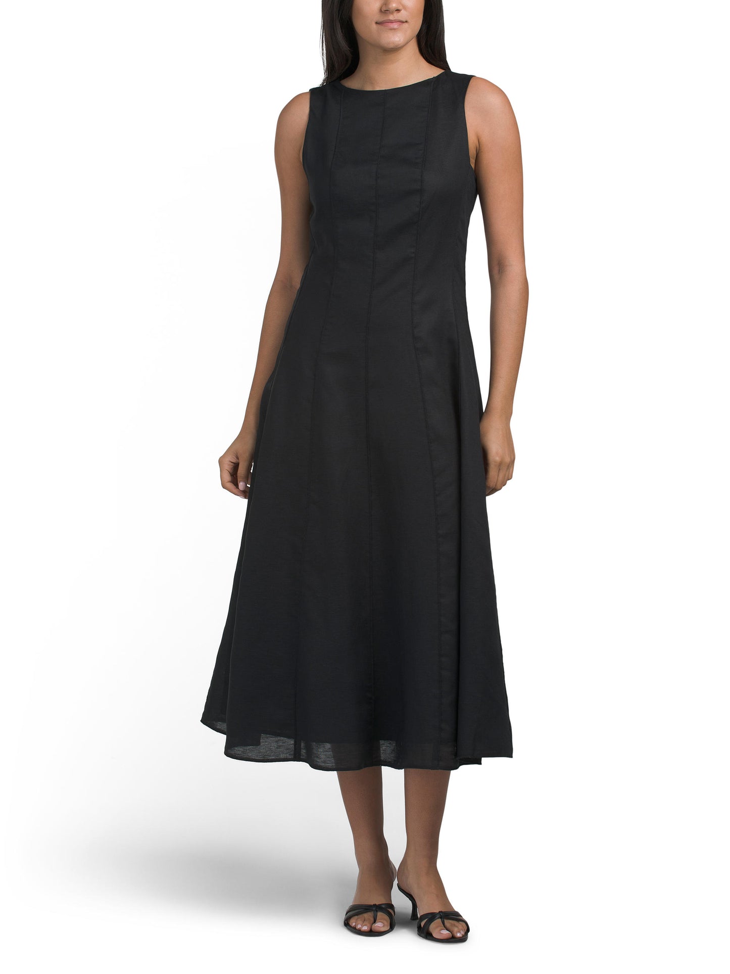 Keten Qarışımlı Kolsuz Fit and Flare Midi Geyim Dikiş Detallı