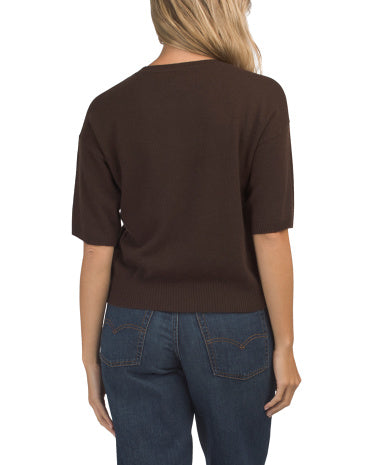 Cashmere Dirsək Qollu Crew Neck Sviter Ribbed Kənarı ilə