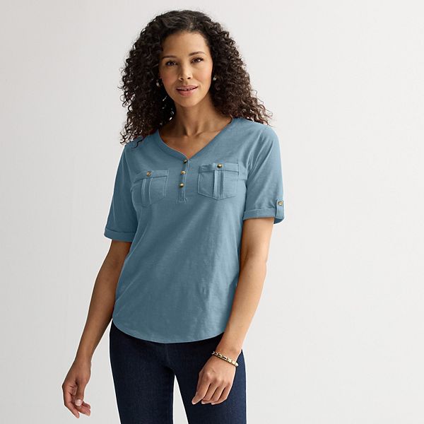 Qadın Croft & Barrow® Dirsək Qolu Utility Henley Köynəyi