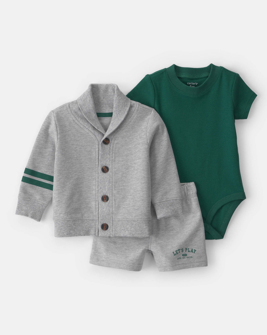 Carter's Uşaq Oğlan 3-Parçalı Varsity Kardiqan, Body və Şort Dəsti - Yaşıl/Boz