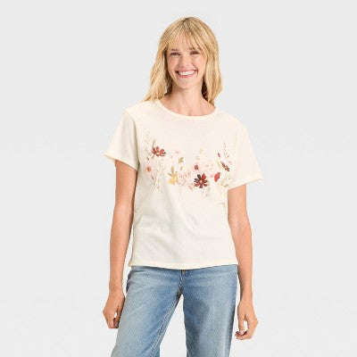 Qadınlar üçün Vəhşi Çiçək Qısa Tək Qrafikli T-Shirt - Slonovaya Sümüyü XXS YoxYox