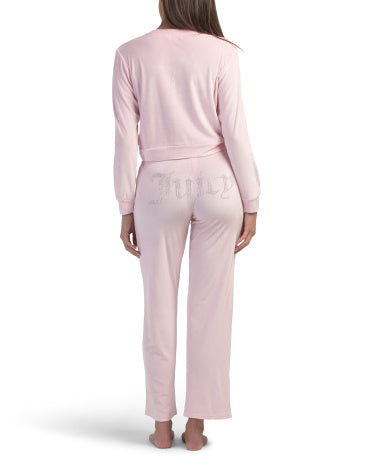 JUICY COUTURE 2 Hissəli Məxməri Crew Neck Bluzka və Şalvar Ev Geyimi Dəsti Kristal Detallarla