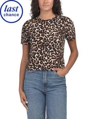 MILLY Leopard Deseni Qısa Kollu Trikotaj Bluzka