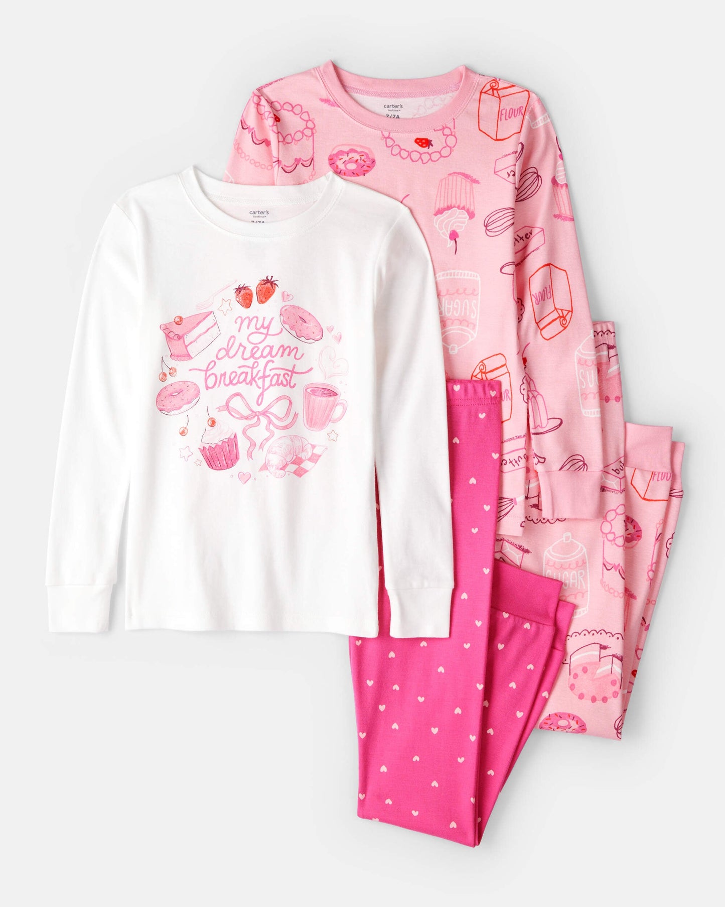 Carter's Qız Uşaq Şirin Dizayn 100% Pamuk Tənha Oturan 4-Parçalı Pijama - Çəhrayı/Ağ