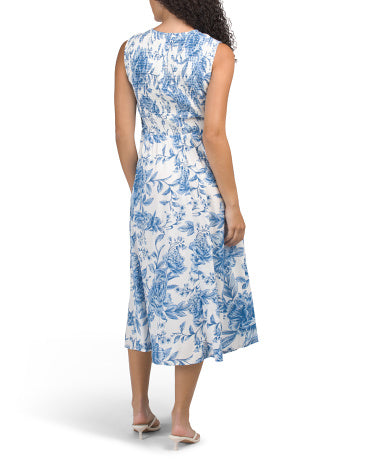 Smocked Bodice Floral Print Midi Dress