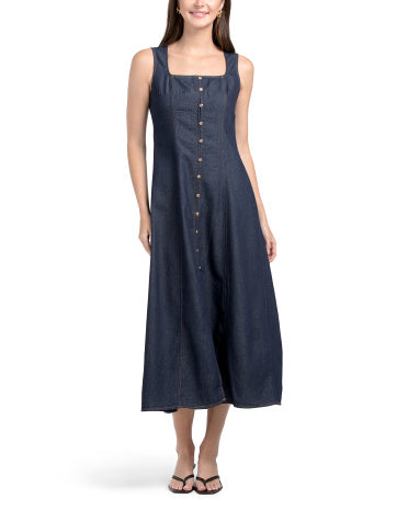 Kətən Qarışıqlı Kolsuz Denim Maxi Geyim