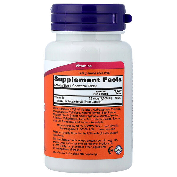 Now Foods Çeynənən D3 Vitamini Meyvə 25 Mcg 1000 IU 180 Tablet