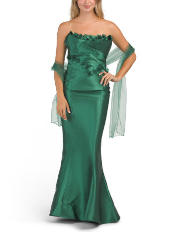 TERANI COUTURE Strapless 3D Çiçəkli Mikado Geyimi