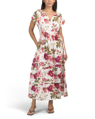 LAURA ASHLEY Kətən Qarışımlı Açılı Çiçək Etəkli Büzgülü Maxi Geyim